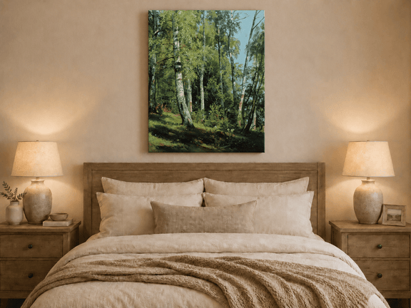 Unframed hand-painted sunlit birch forest oil painting with a bright woodland clearing displayed above a wooden bed in a neutral bedroom.