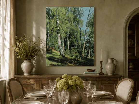 Unframed hand-painted sunlit birch forest oil painting with a bright woodland clearing displayed above a formal dining table.