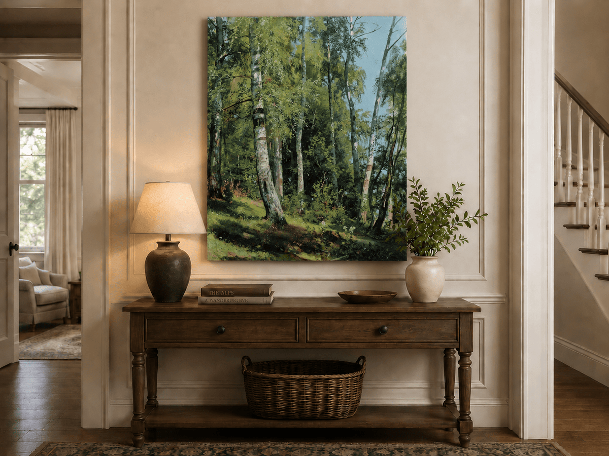 Unframed hand-painted sunlit birch forest oil painting with a bright woodland clearing displayed above an entryway console table.