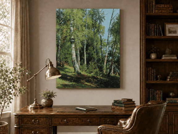 Unframed hand-painted sunlit birch forest oil painting with a bright woodland clearing displayed above a traditional home office desk.