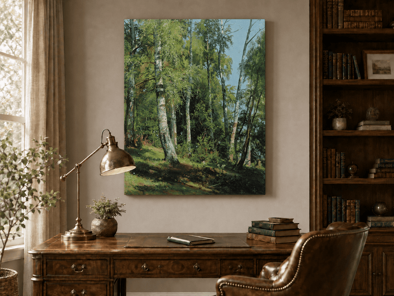 Unframed hand-painted sunlit birch forest oil painting with a bright woodland clearing displayed above a traditional home office desk.