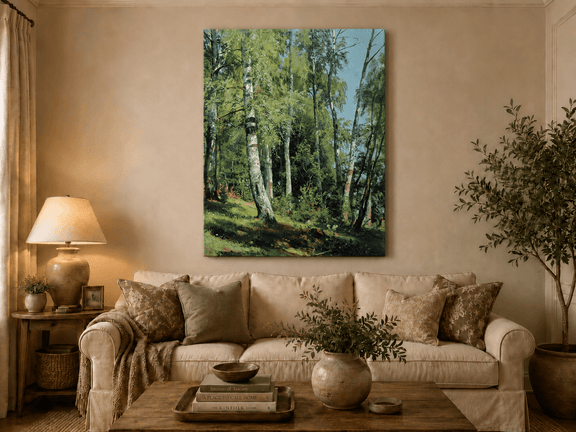 Unframed hand-painted sunlit birch forest oil painting with a bright woodland clearing displayed above a neutral living room sofa.