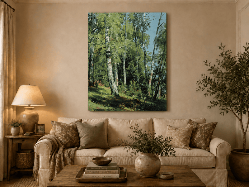 Unframed hand-painted sunlit birch forest oil painting with a bright woodland clearing displayed above a neutral living room sofa.