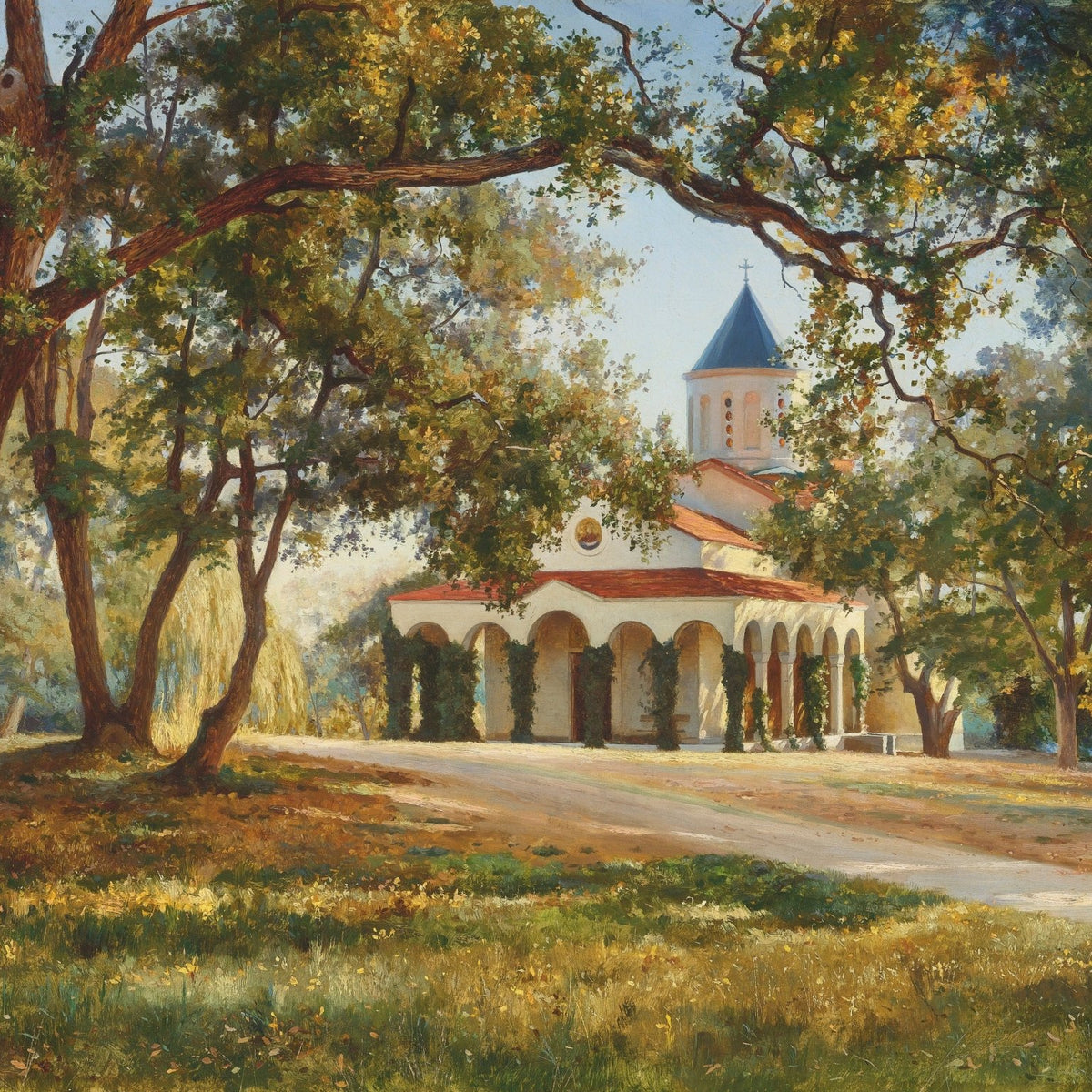 Sunlit Chapel Among Oak Trees, Hand - Painted Landscape Oil Painting - Oil Painting Haven