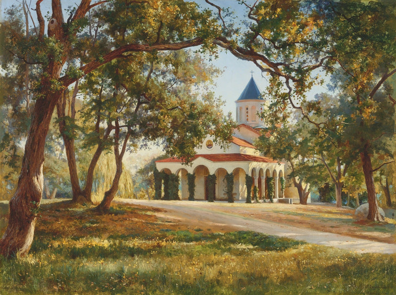 Sunlit Chapel Among Oak Trees, Hand - Painted Landscape Oil Painting - Oil Painting Haven