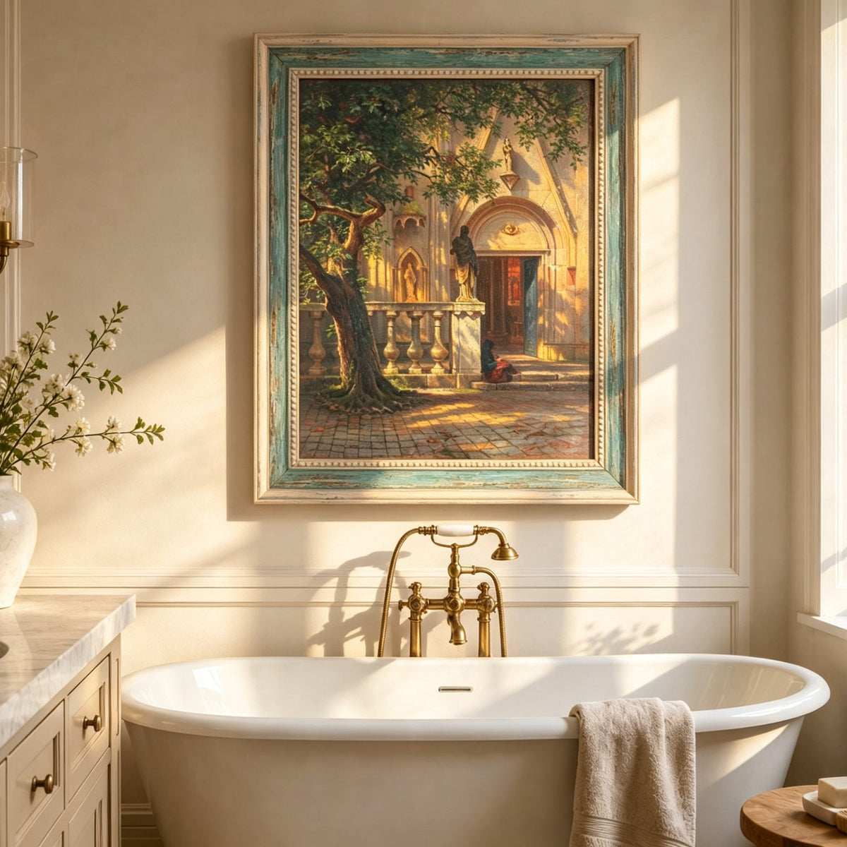 Framed hand-painted church courtyard oil painting with an old tree in warm sunlight displayed above a freestanding bathtub.