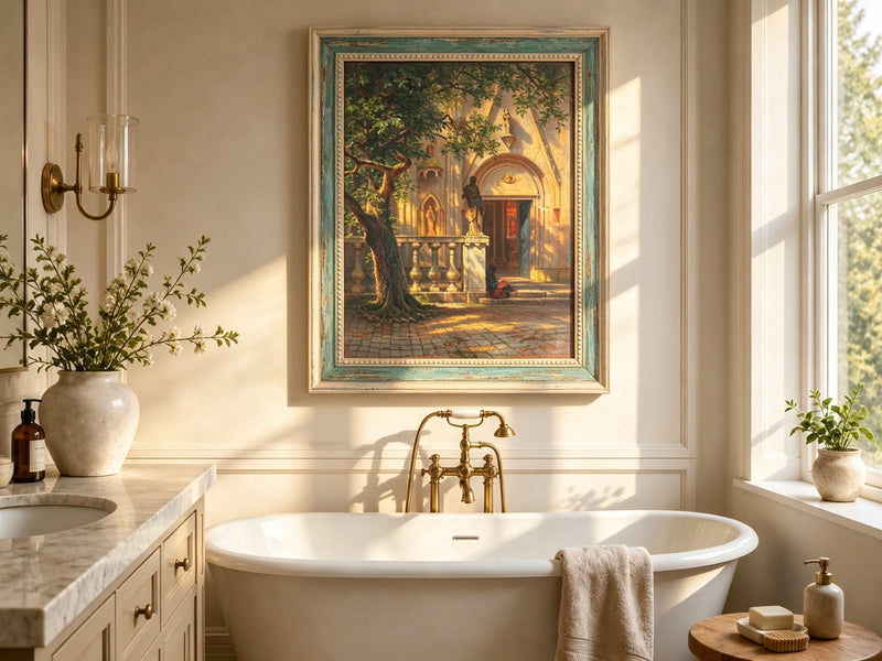 Framed hand-painted church courtyard oil painting with an old tree in warm sunlight displayed above a freestanding bathtub.
