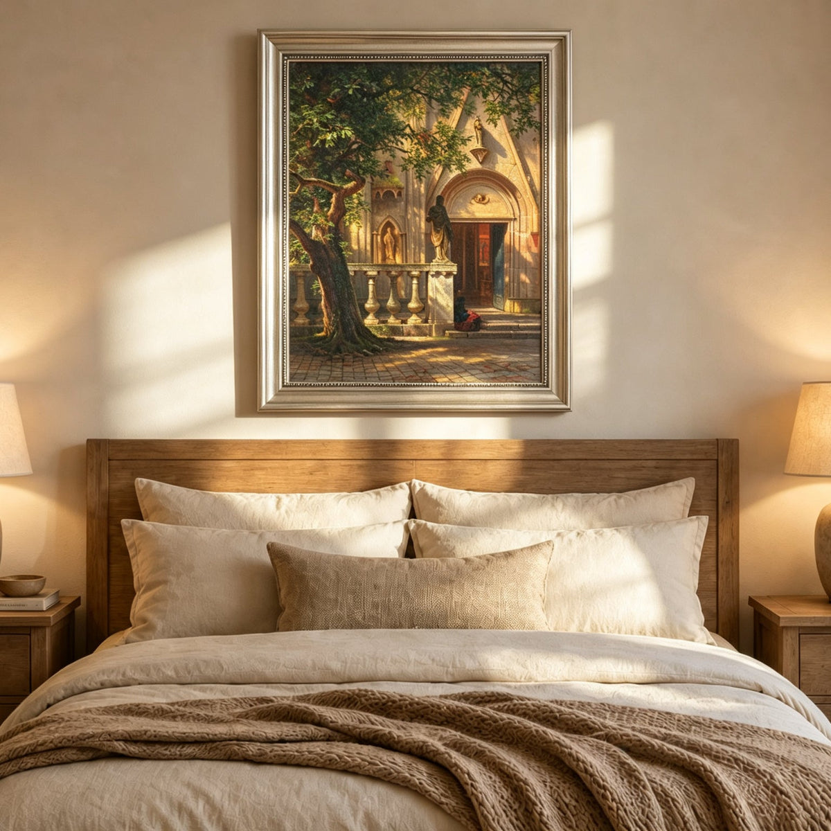 Framed hand-painted church courtyard oil painting with an old tree in warm sunlight displayed above a wooden bed in a neutral bedroom.