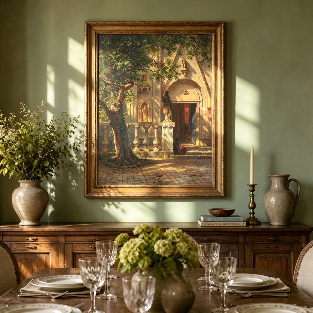 Framed hand-painted church courtyard oil painting with an old tree in warm sunlight displayed above a formal dining table.