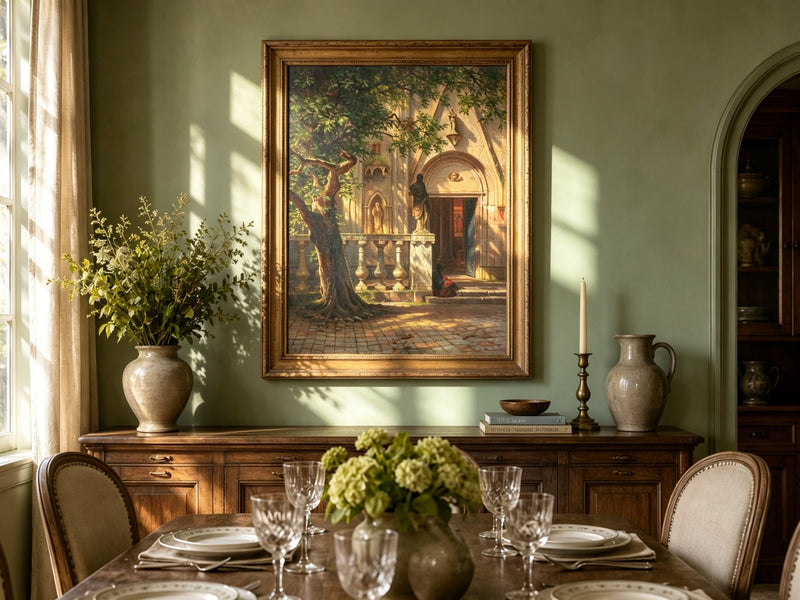 Framed hand-painted church courtyard oil painting with an old tree in warm sunlight displayed above a formal dining table.