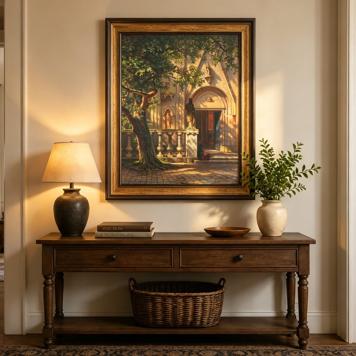 Framed hand-painted church courtyard oil painting with an old tree in warm sunlight displayed above an entryway console table.