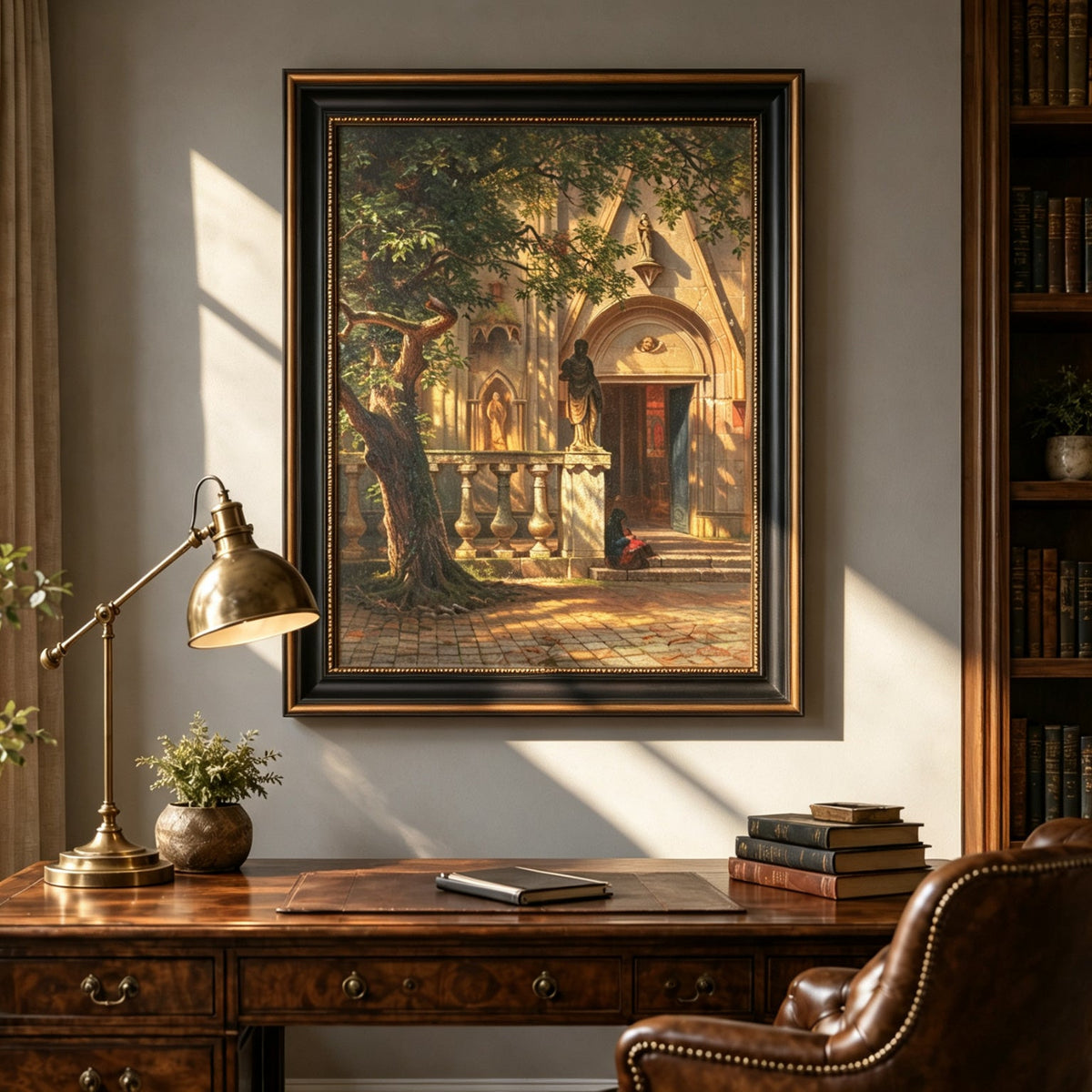 Framed hand-painted church courtyard oil painting with an old tree in warm sunlight displayed above a traditional home office desk.