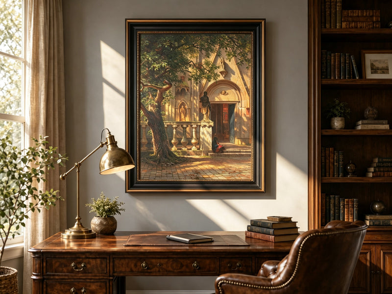Framed hand-painted church courtyard oil painting with an old tree in warm sunlight displayed above a traditional home office desk.