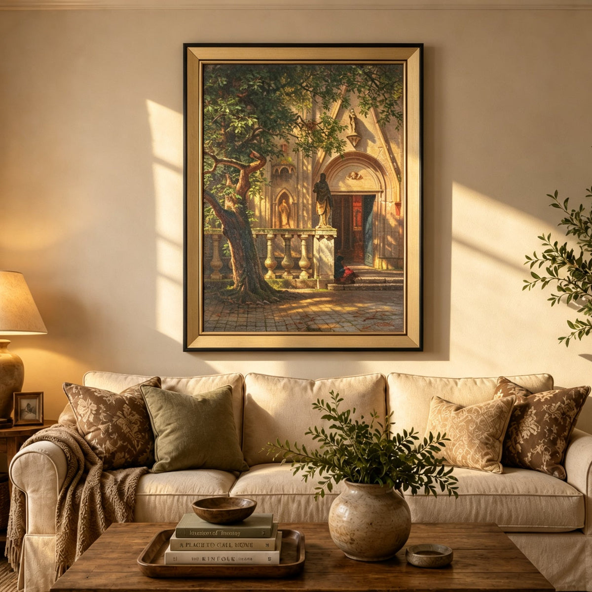 Framed hand-painted church courtyard oil painting with an old tree in warm sunlight displayed above a neutral living room sofa.