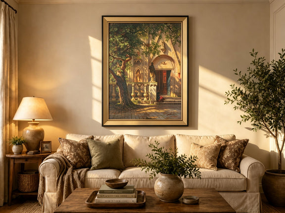 Framed hand-painted church courtyard oil painting with an old tree in warm sunlight displayed above a neutral living room sofa.