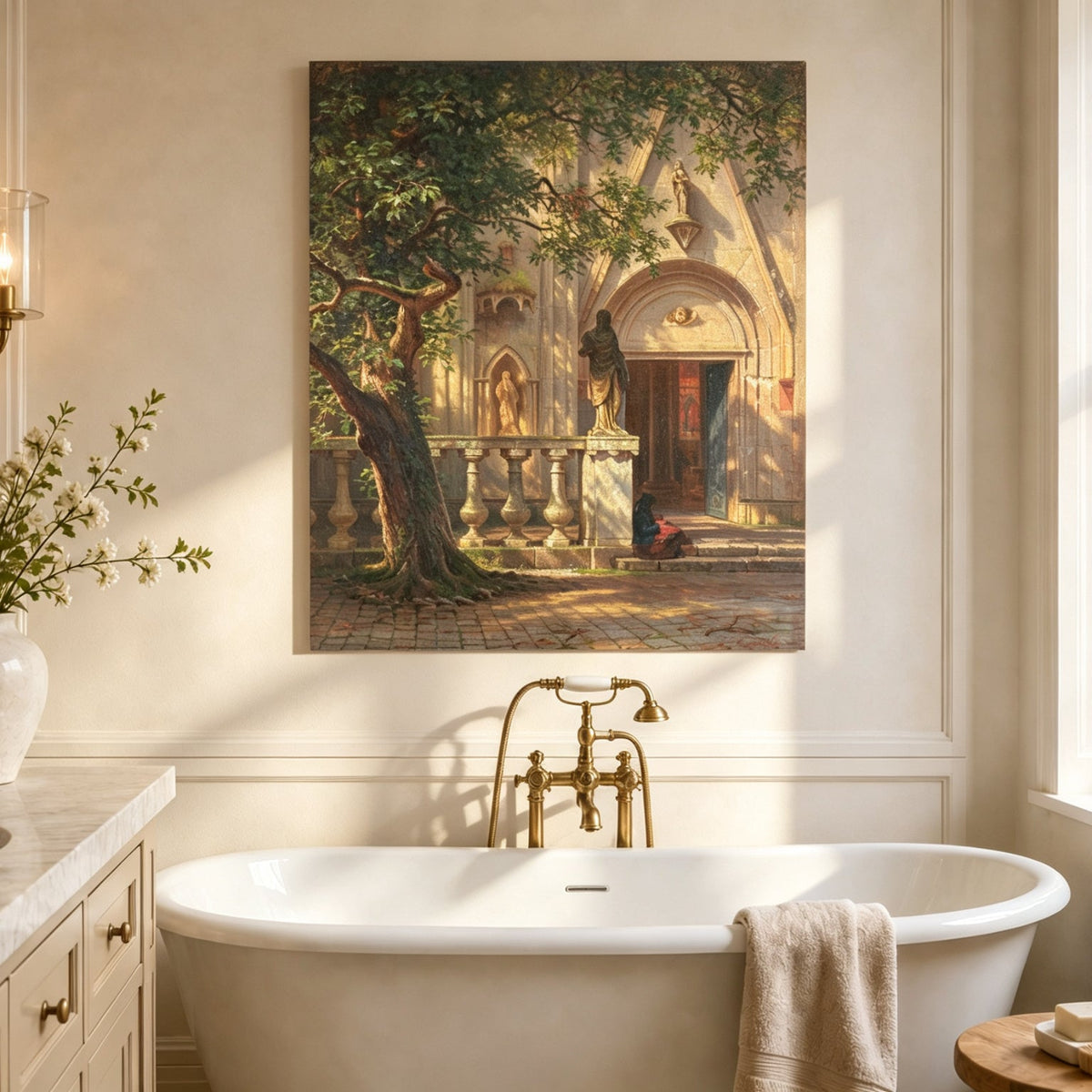 Unframed hand-painted church courtyard oil painting with an old tree in warm sunlight displayed above a freestanding bathtub.