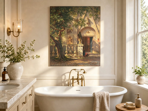 Unframed hand-painted church courtyard oil painting with an old tree in warm sunlight displayed above a freestanding bathtub.