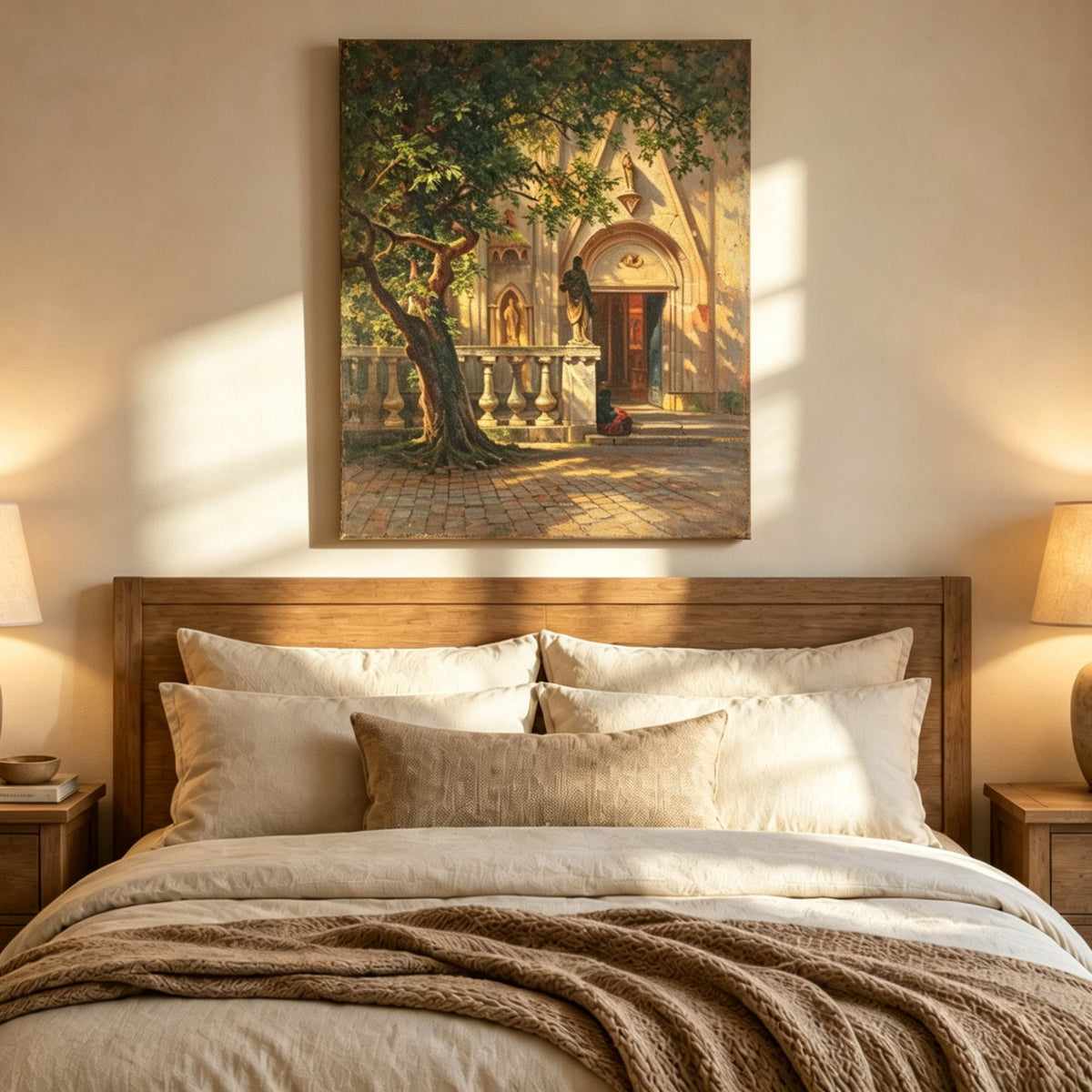 Unframed hand-painted church courtyard oil painting with an old tree in warm sunlight displayed above a wooden bed in a neutral bedroom.