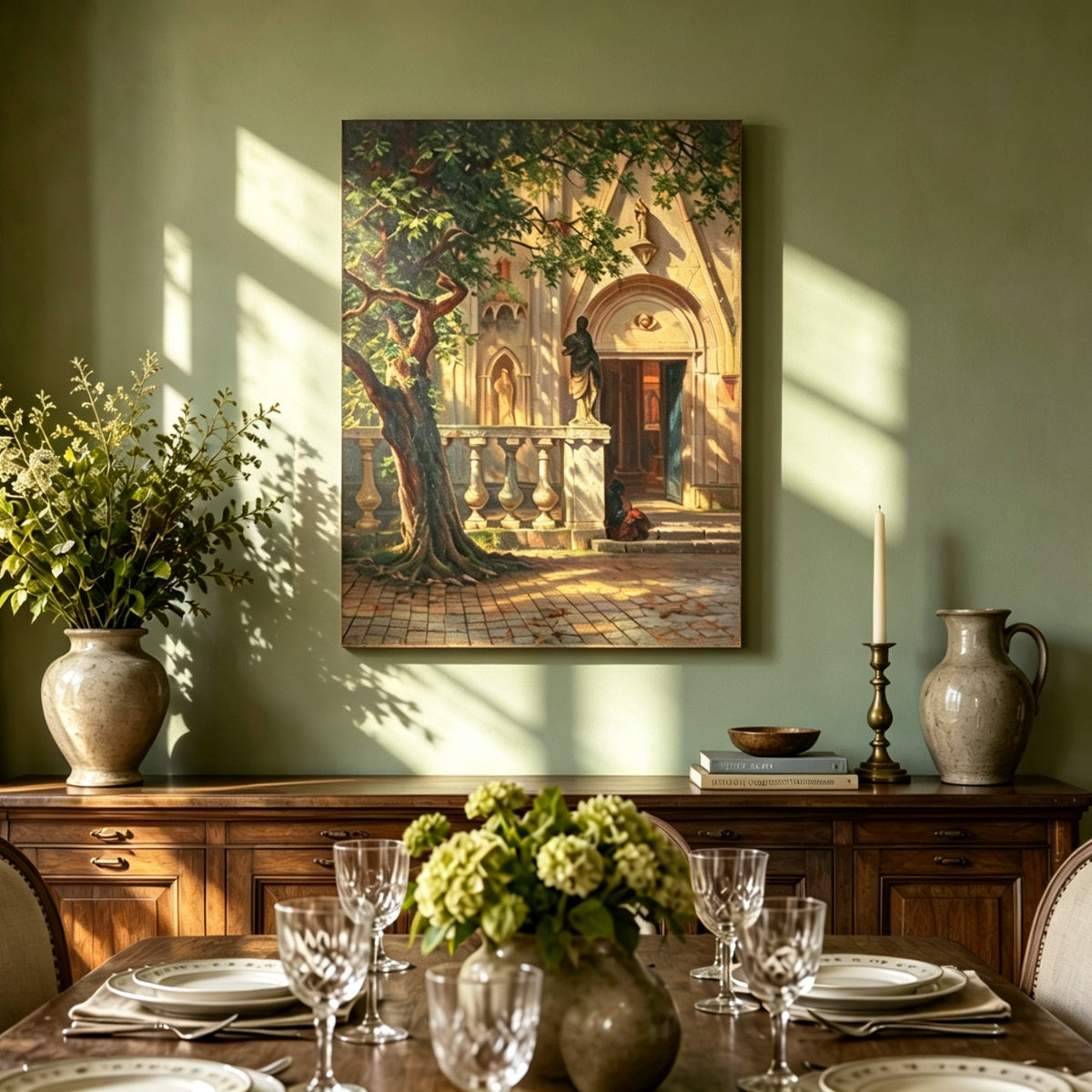 Unframed hand-painted church courtyard oil painting with an old tree in warm sunlight displayed above a formal dining table.