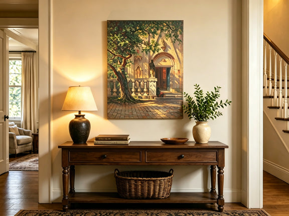 Unframed hand-painted church courtyard oil painting with an old tree in warm sunlight displayed above an entryway console table.