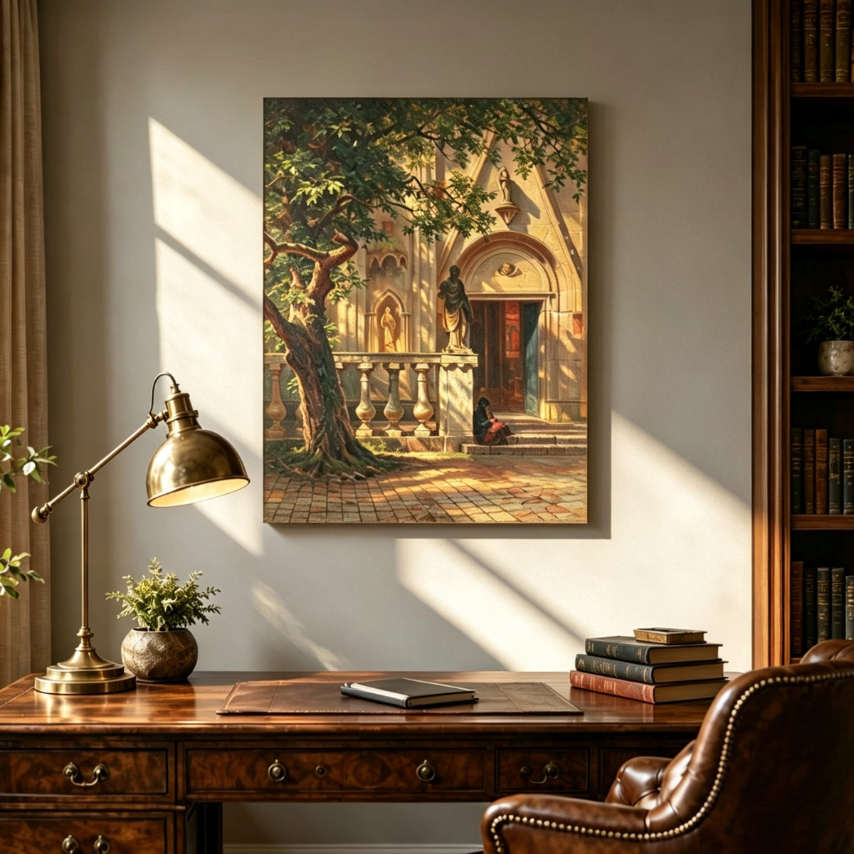 Unframed hand-painted church courtyard oil painting with an old tree in warm sunlight displayed above a traditional home office desk.