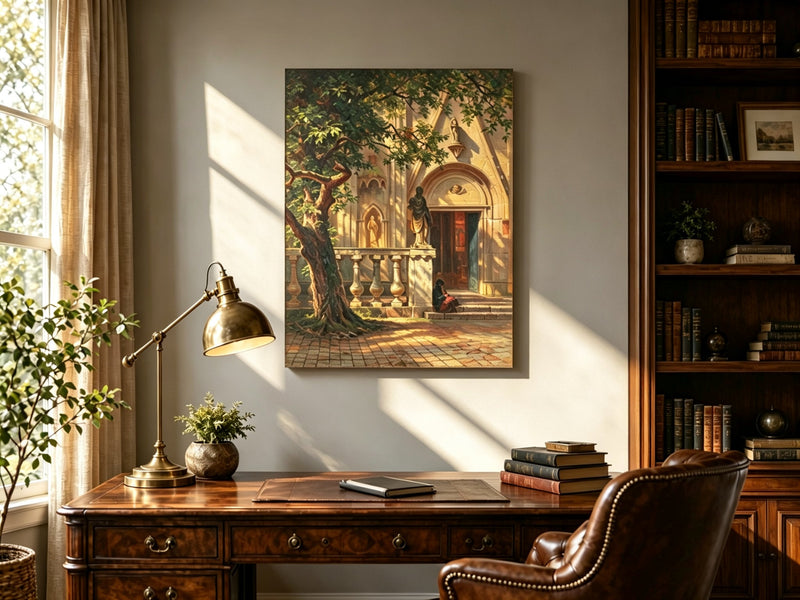 Unframed hand-painted church courtyard oil painting with an old tree in warm sunlight displayed above a traditional home office desk.