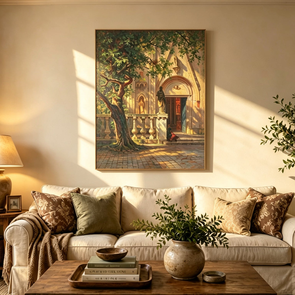 Unframed hand-painted church courtyard oil painting with an old tree in warm sunlight displayed above a neutral living room sofa.