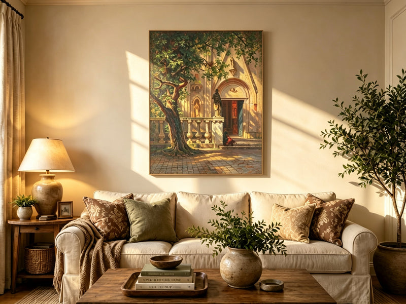 Unframed hand-painted church courtyard oil painting with an old tree in warm sunlight displayed above a neutral living room sofa.