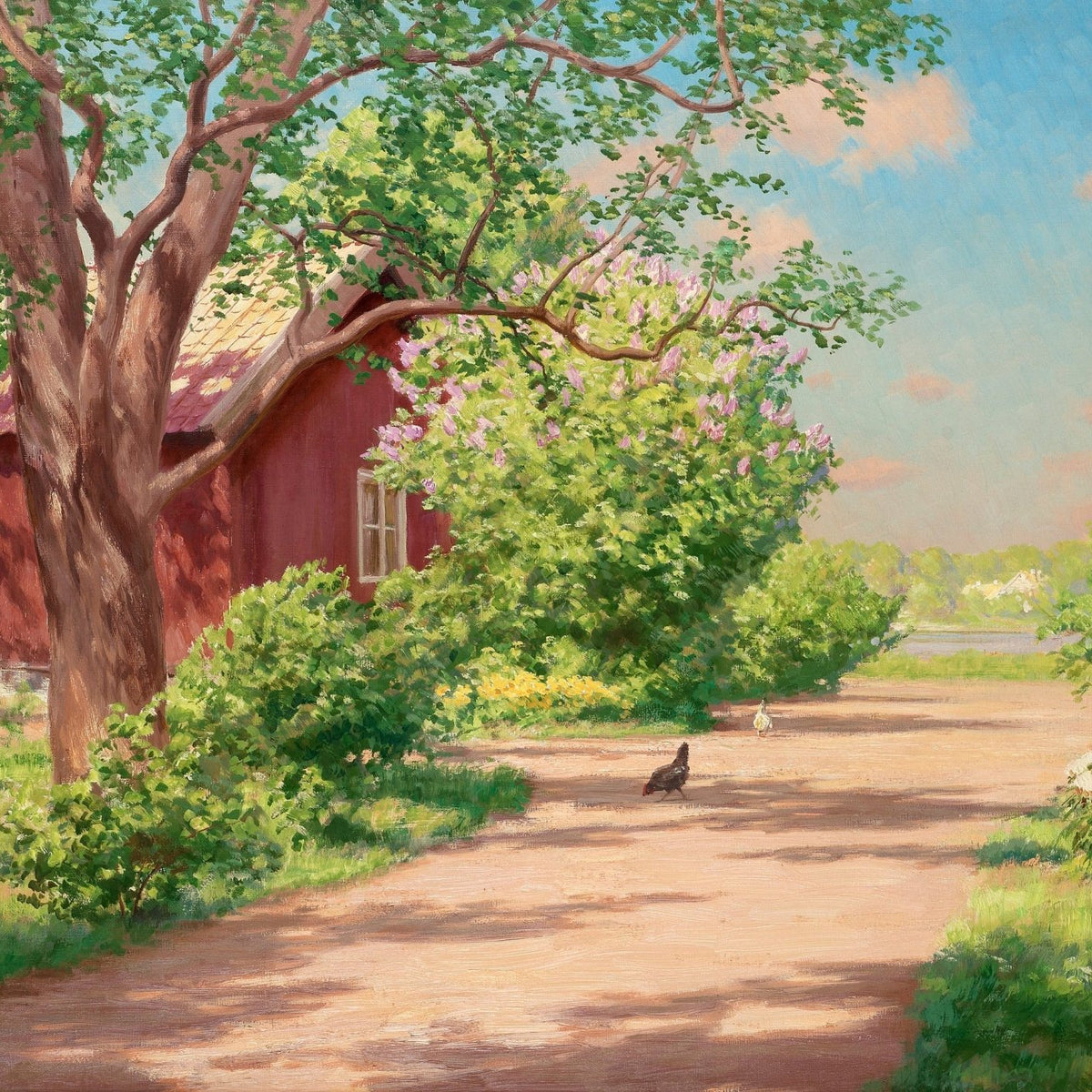 Sunlit Country Lane by Red Cottage – Landscape Oil Painting - Oil Painting Haven
