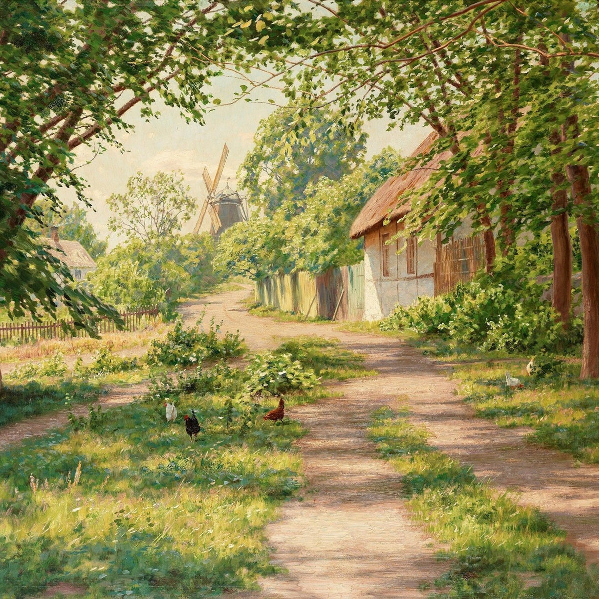 Sunlit Country Lane with Cottages – Hand - Painted Landscape Oil Painting - Oil Painting Haven
