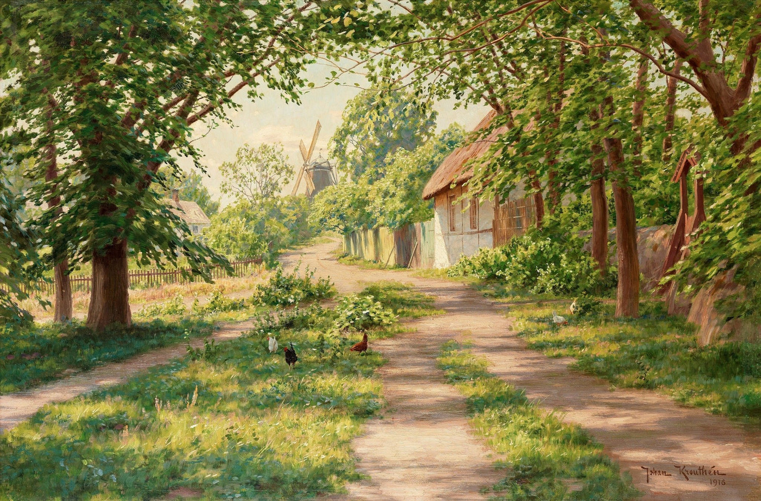 Sunlit Country Lane with Cottages – Hand - Painted Landscape Oil Painting - Oil Painting Haven