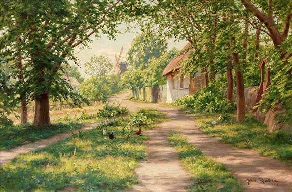 Sunlit Country Lane with Cottages – Hand - Painted Landscape Oil Painting - Oil Painting Haven