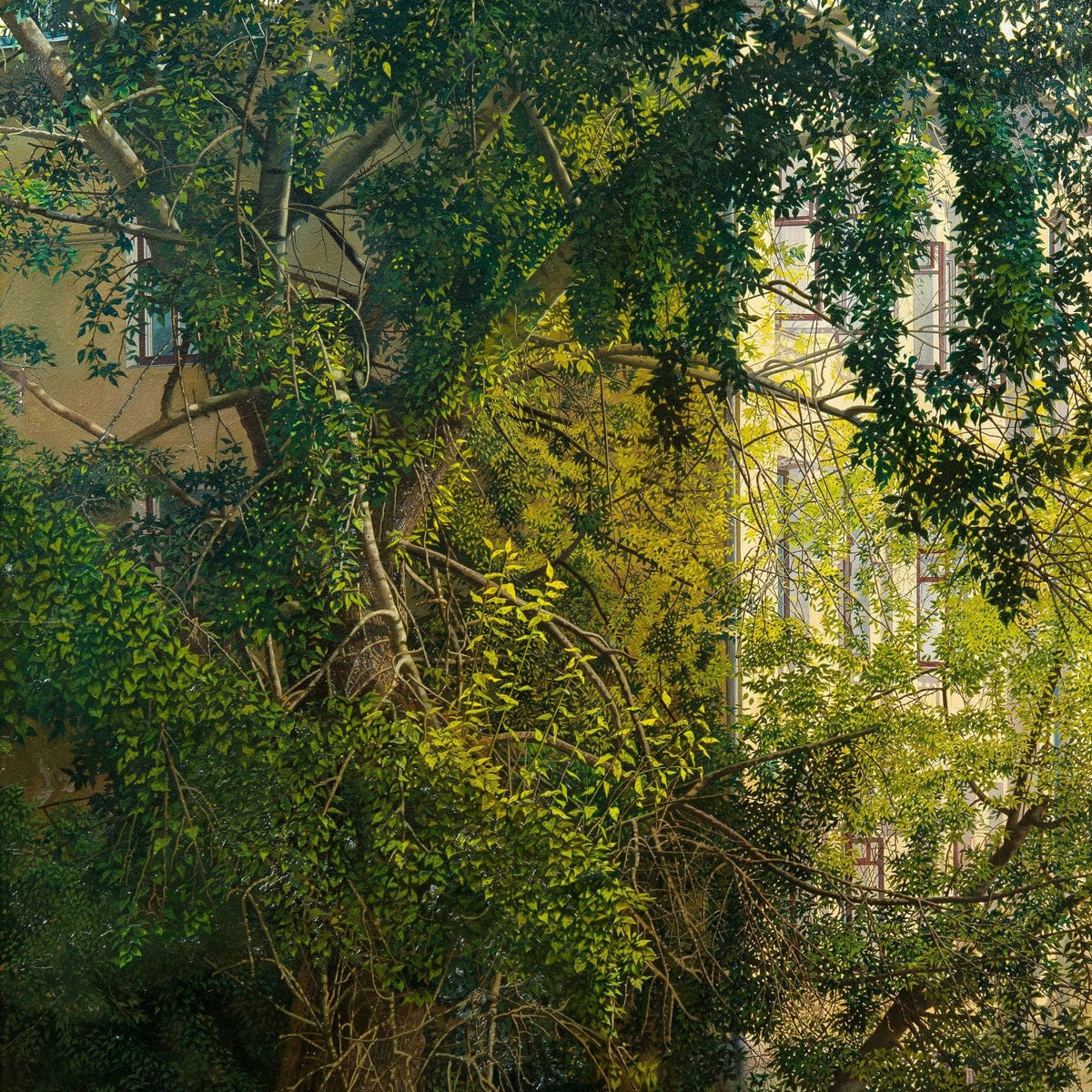 Sunlit Courtyard Tree with Lush Foliage – Landscape Oil Painting - Oil Painting Haven