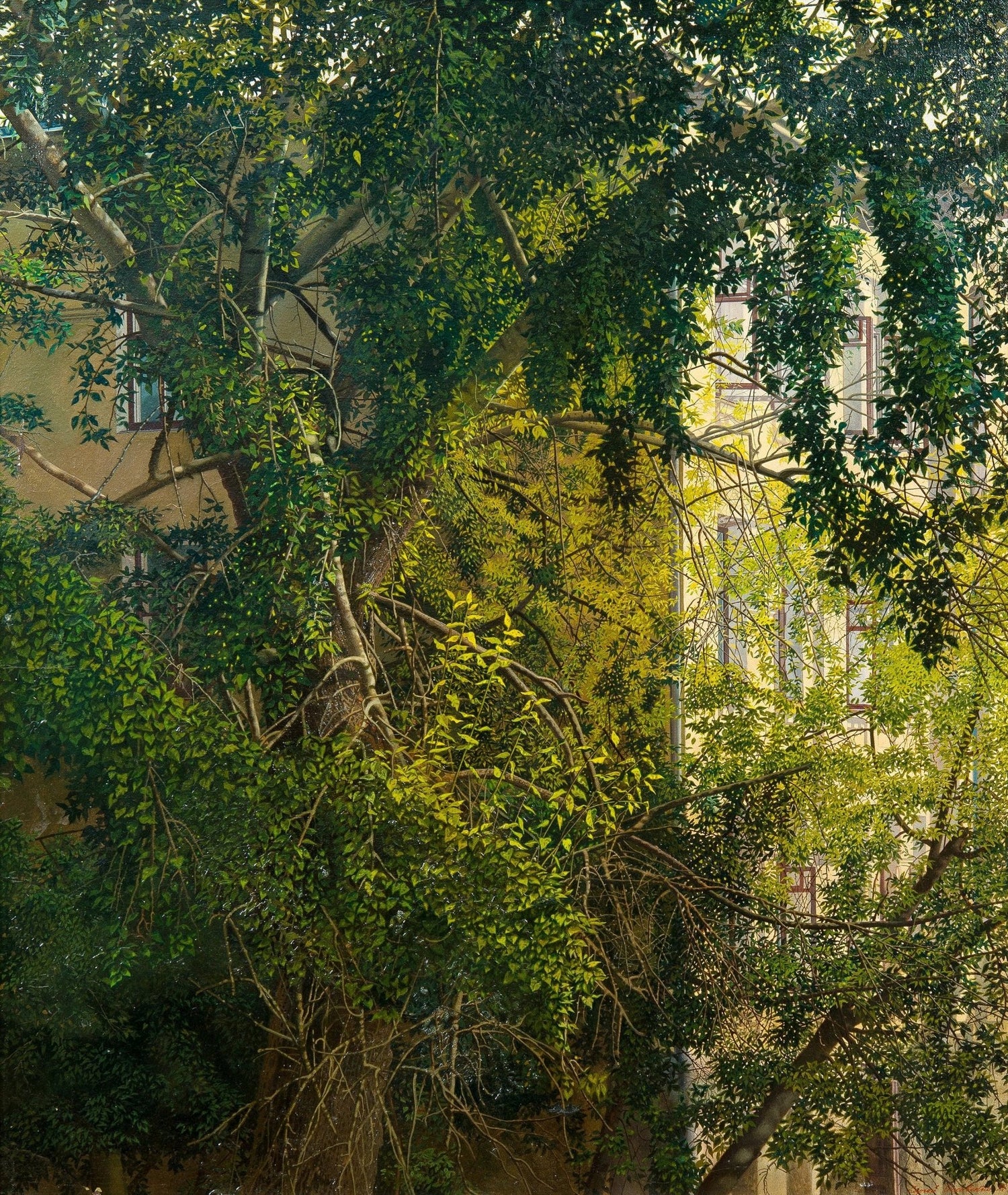 Sunlit Courtyard Tree with Lush Foliage – Landscape Oil Painting - Oil Painting Haven