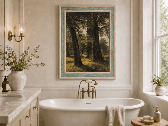 Framed hand-painted sunlit forest oil painting with massive ancient trees and golden ground displayed above a freestanding bathtub.