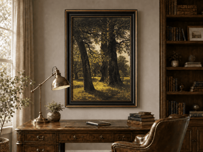 Framed hand-painted sunlit forest oil painting with massive ancient trees and golden ground displayed above a traditional home office desk.