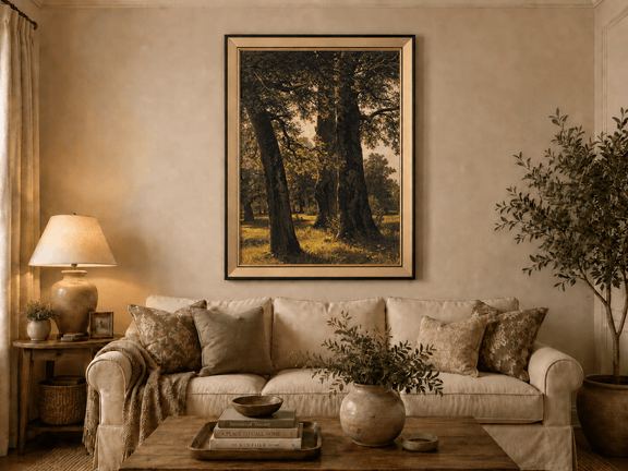 Framed hand-painted sunlit forest oil painting with massive ancient trees and golden ground displayed above a neutral living room sofa.