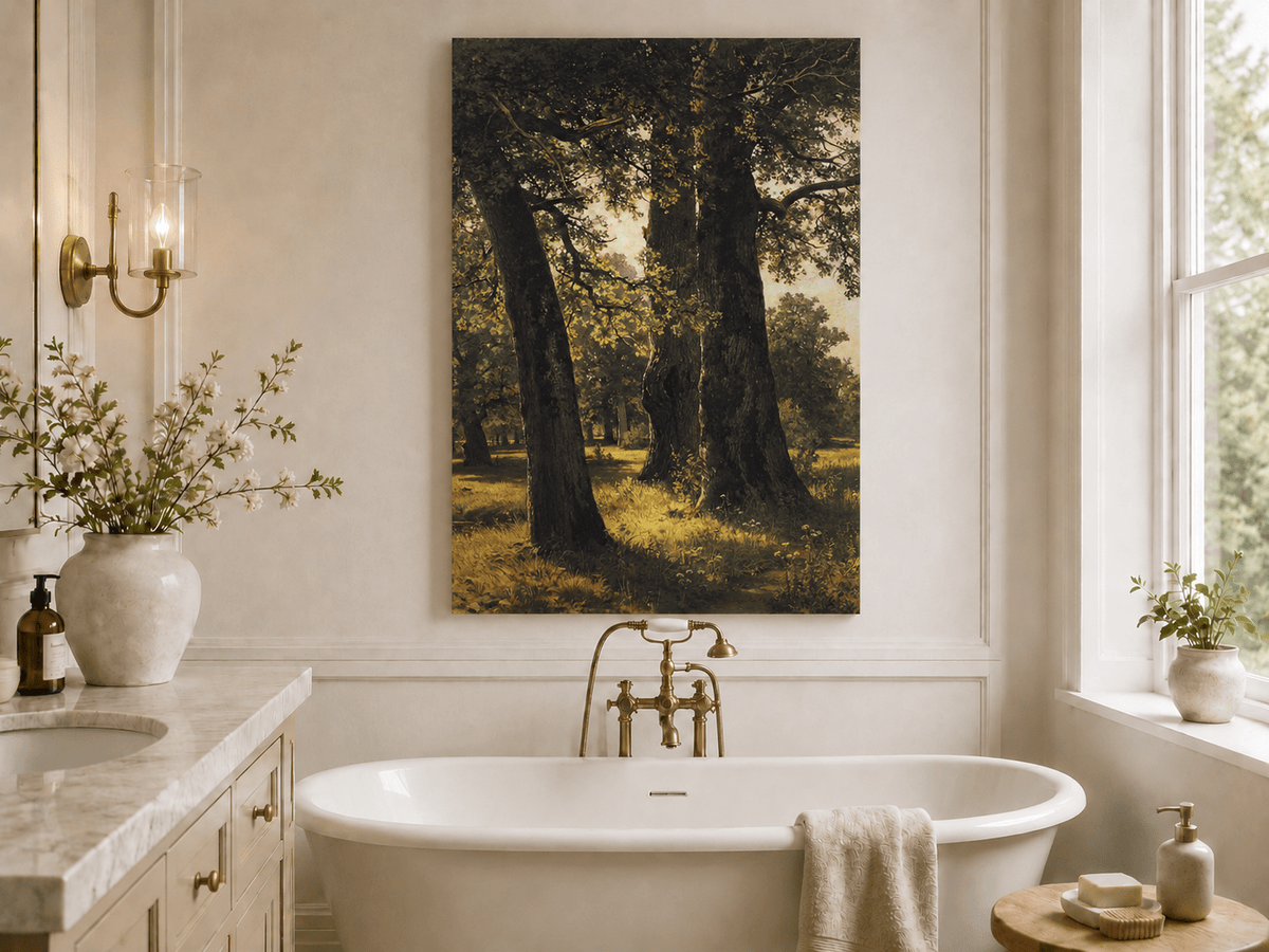 Unframed hand-painted sunlit forest oil painting with massive ancient trees and golden ground displayed above a freestanding bathtub.