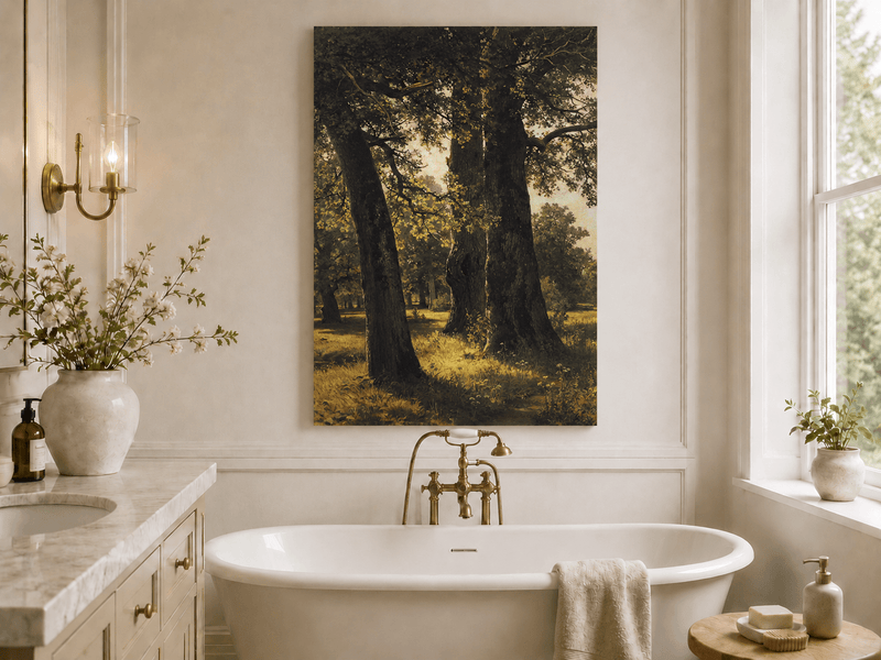 Unframed hand-painted sunlit forest oil painting with massive ancient trees and golden ground displayed above a freestanding bathtub.