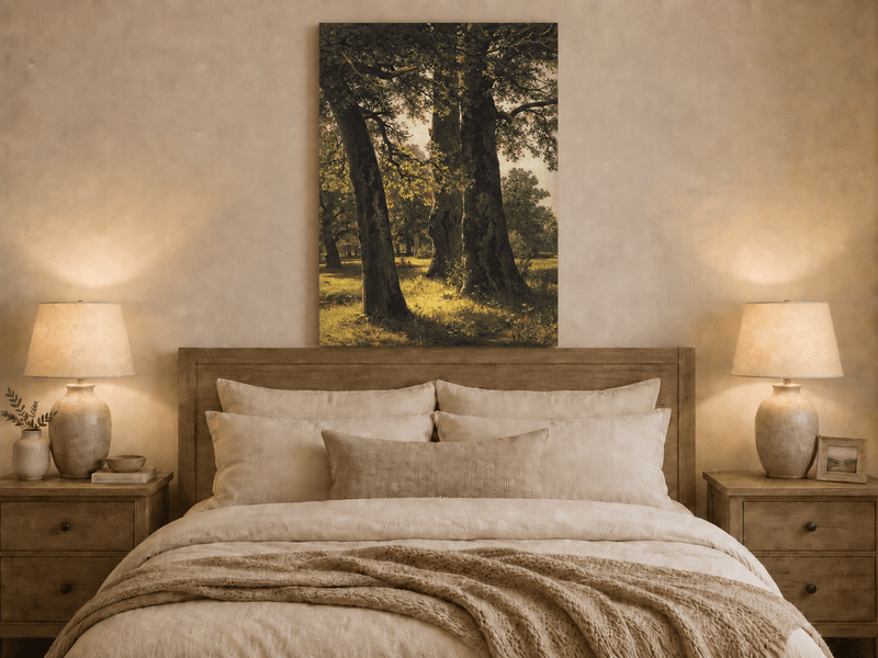 Unframed hand-painted sunlit forest oil painting with massive ancient trees and golden ground displayed above a wooden bed in a neutral bedroom.