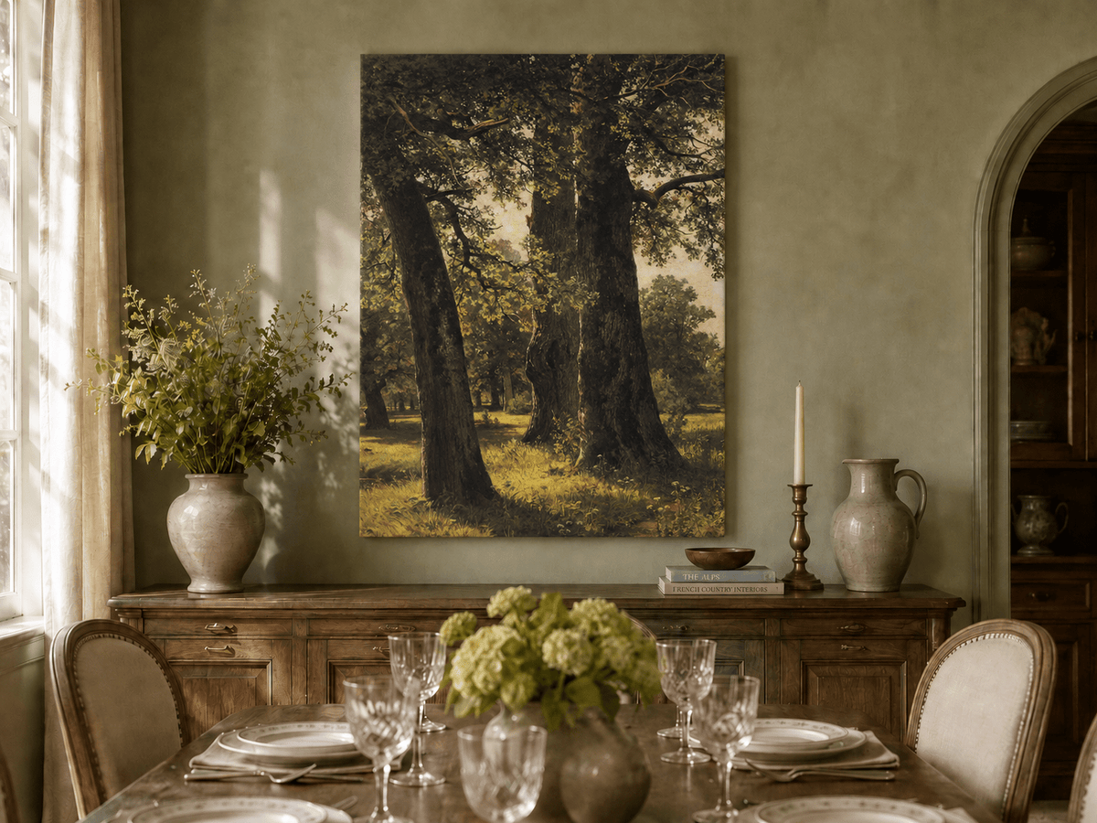 Unframed hand-painted sunlit forest oil painting with massive ancient trees and golden ground displayed above a formal dining table.