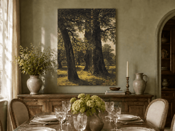 Unframed hand-painted sunlit forest oil painting with massive ancient trees and golden ground displayed above a formal dining table.