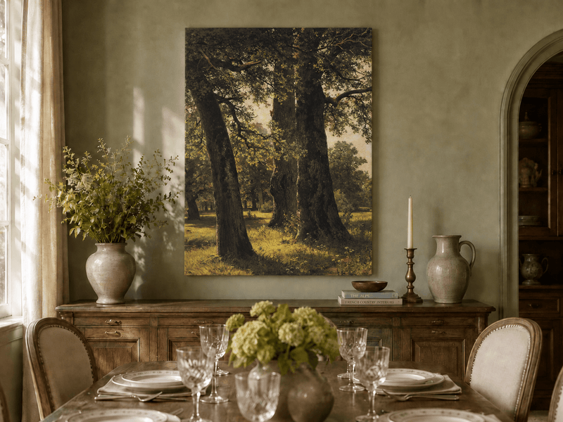 Unframed hand-painted sunlit forest oil painting with massive ancient trees and golden ground displayed above a formal dining table.