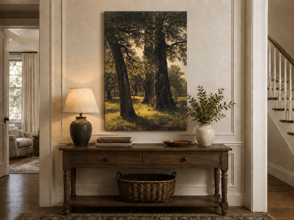 Unframed hand-painted sunlit forest oil painting with massive ancient trees and golden ground displayed above an entryway console table.
