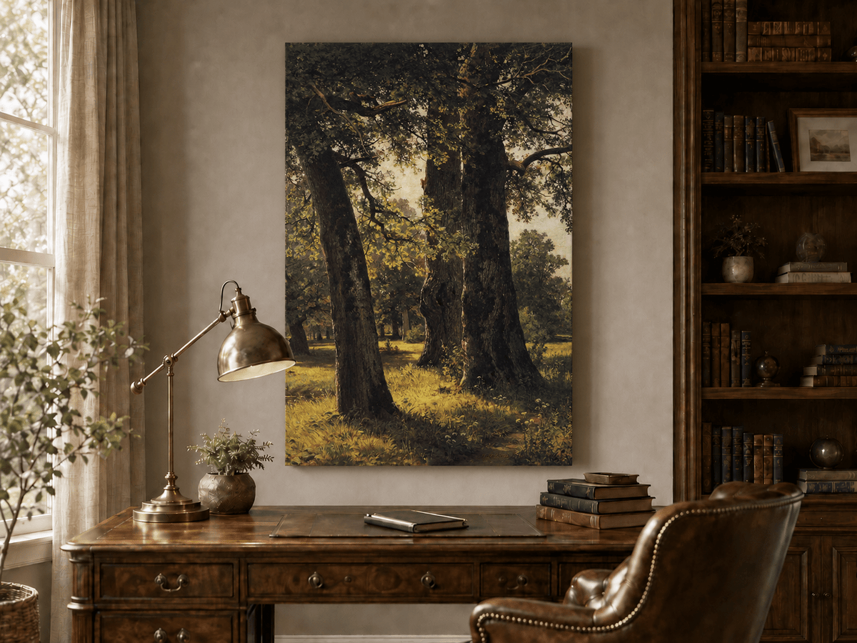 Unframed hand-painted sunlit forest oil painting with massive ancient trees and golden ground displayed above a traditional home office desk.
