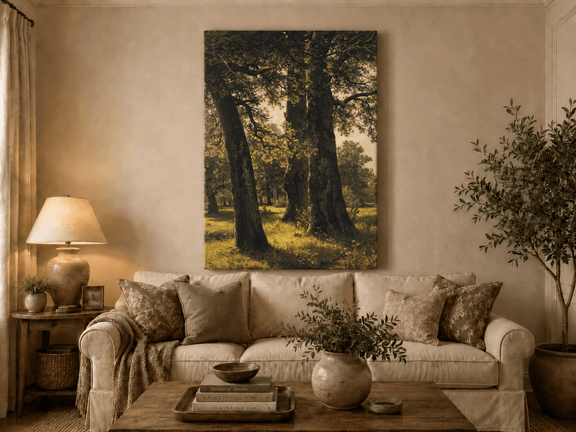 Unframed hand-painted sunlit forest oil painting with massive ancient trees and golden ground displayed above a neutral living room sofa.