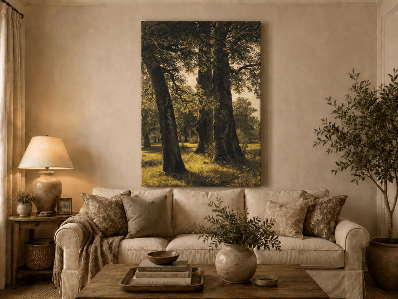 Unframed hand-painted sunlit forest oil painting with massive ancient trees and golden ground displayed above a neutral living room sofa.