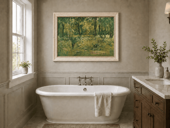 Framed hand-painted sunlit forest clearing oil painting with tall trees and golden undergrowth displayed above a freestanding bathtub.