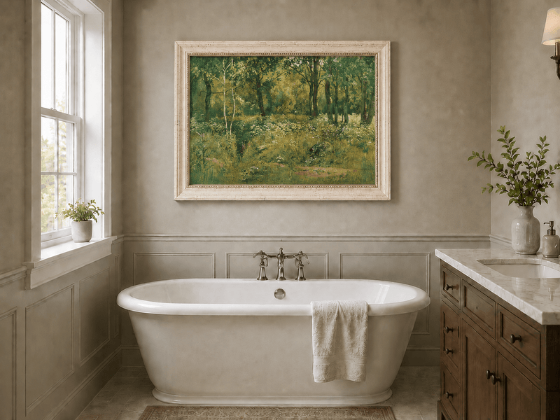Framed hand-painted sunlit forest clearing oil painting with tall trees and golden undergrowth displayed above a freestanding bathtub.