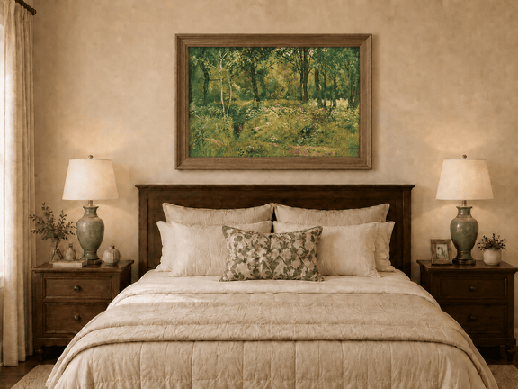 Framed hand-painted sunlit forest clearing oil painting with tall trees and golden undergrowth displayed above a wooden bed in a neutral bedroom.